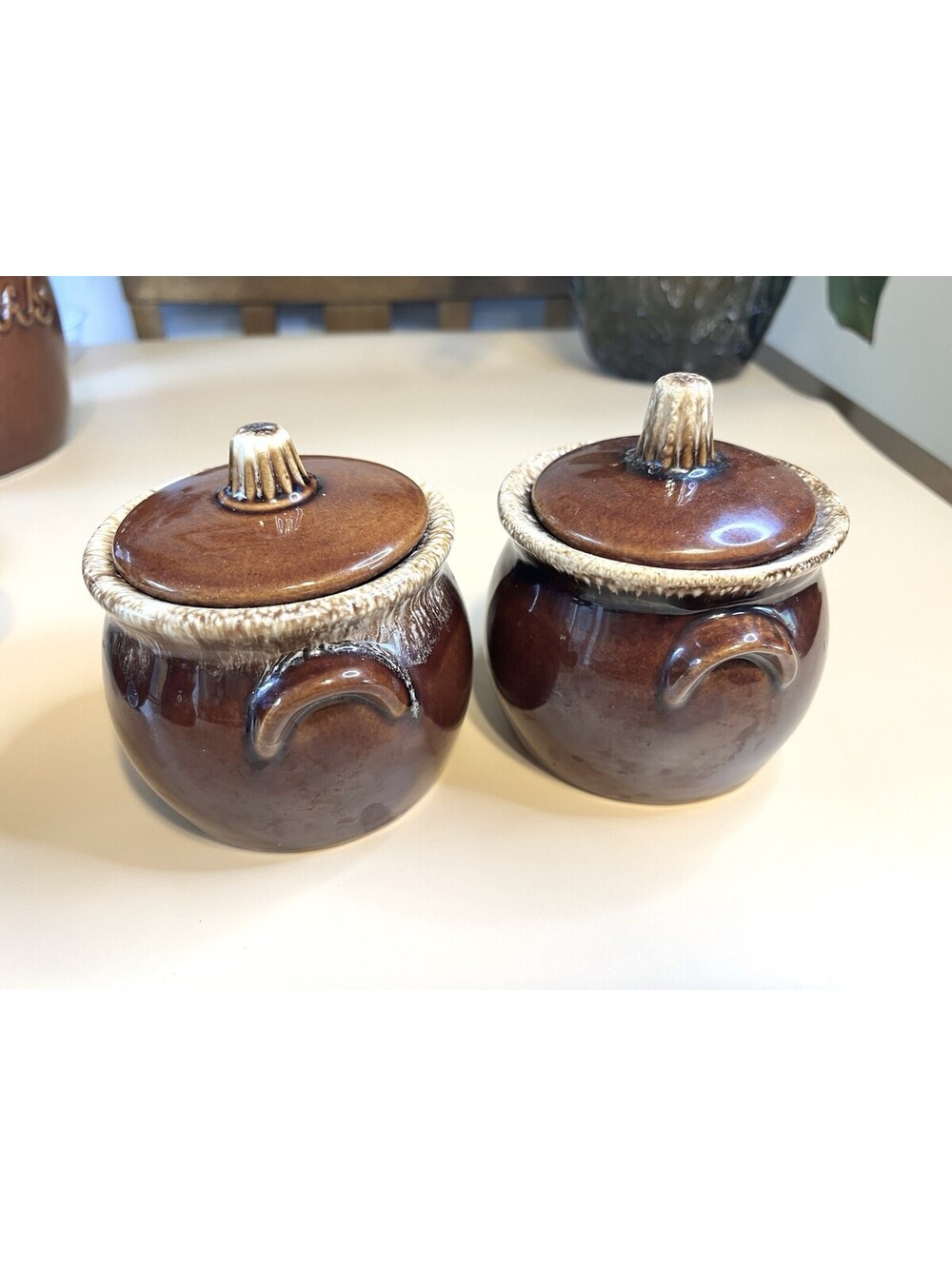 2 Hull Pottery Vintage Brown Drip Sugar or Bean Bowls w/ Lid Stoneware USA